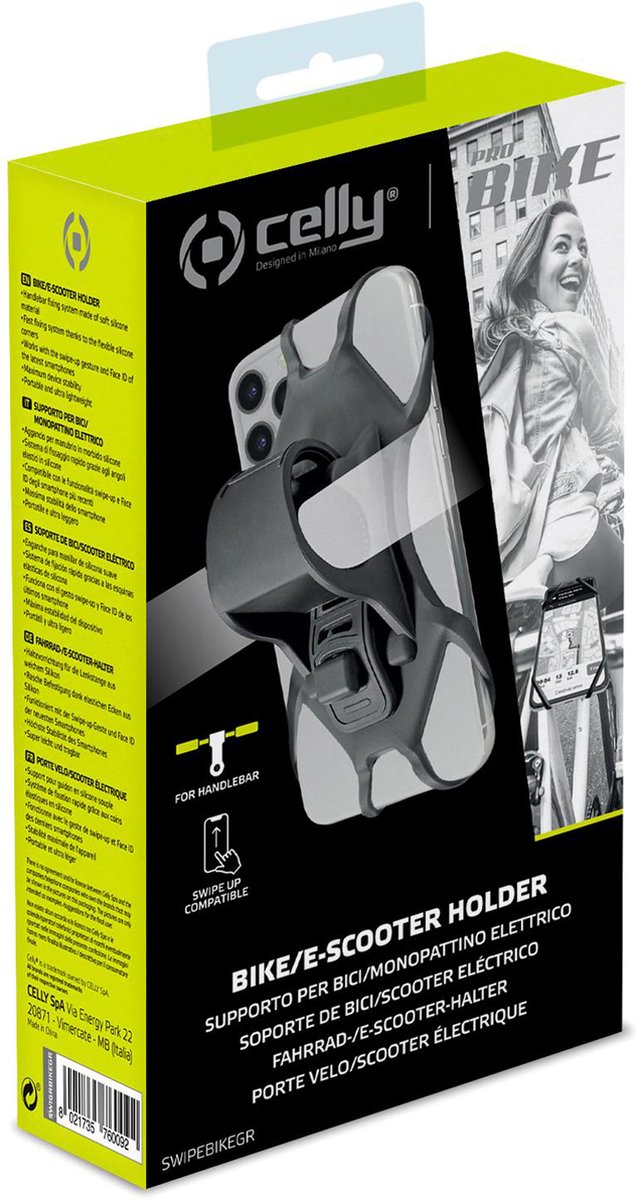 Celly swipebike - telefoonhouder fiets - swipe-up en face-id functies - grijs