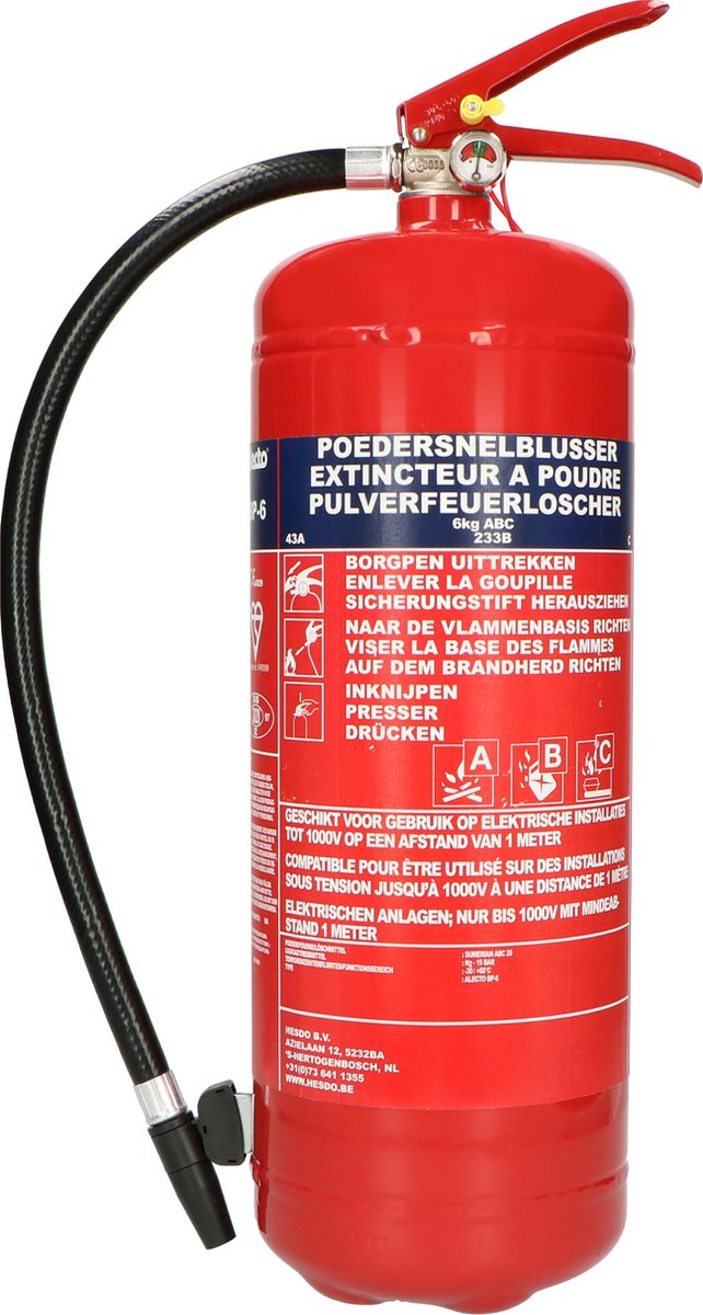 Extincteur Alecto bp-6 - extincteur à poudre 6 kilogrammes - classe de feu ABC - avec support de suspension