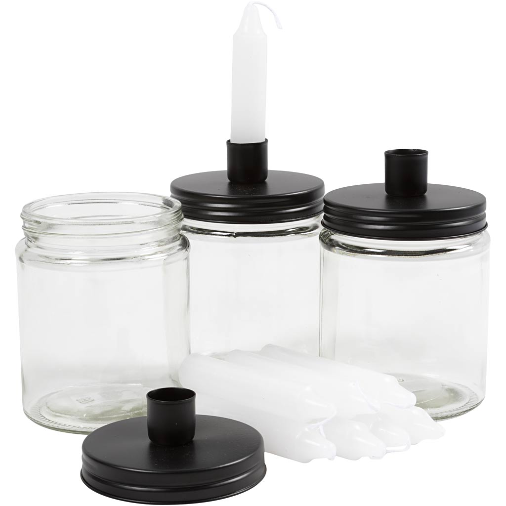 Pot avec bougeoir et bougies, h : 15 cm, d 9,5 cm, dimensions 15 cm, 6 set 1 boîte