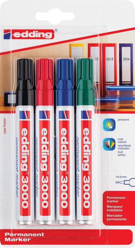 Marqueur permanent Edding 3000 - noir, rouge, bleu, vert - 4 marqueurs - pointe ronde 1,5-3 mm - résistant à l'eau et à l'abrasion - pour carton, plastique, bois, métal... - marqueurs à alcool pour adultes