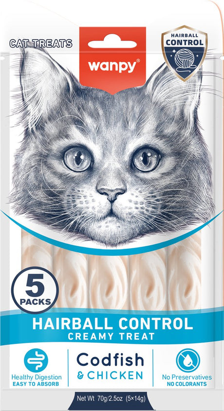 Wanpy - snack à lécher avec fonction - poulet à la morue - contrôle des boules de poils - 5 x 5 bâtonnets de 14 grammes
