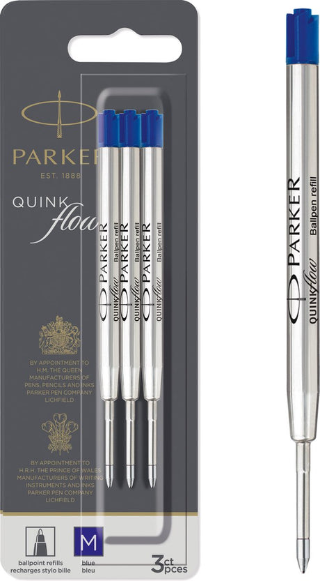 Recharge pour stylo à bille Parker - pointe moyenne - encre bleue Quinkflow - 3 pièces