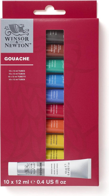 Winsor Newton 0890001 set de gouache – 10 x 12 ml – peinture tempera opaque, résistante à la lumière, miscible, mate – kit de démarrage