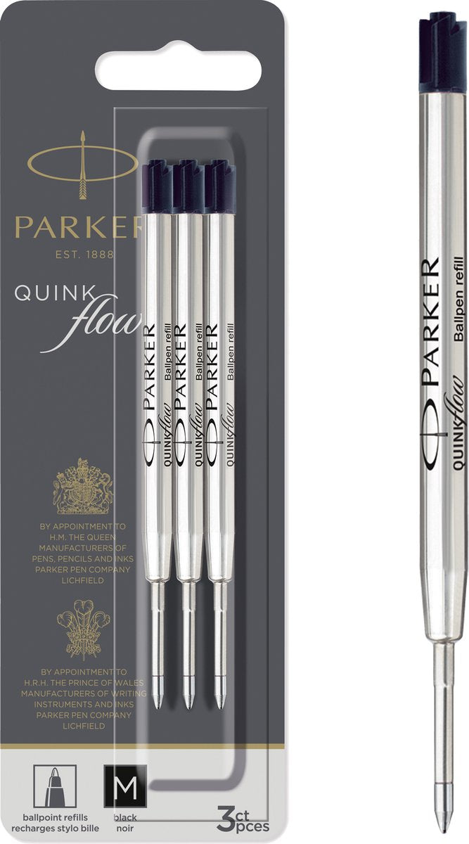 Recharge pour stylo à bille Parker - pointe moyenne (1,0 mm) - encre Quink noire - 3 pièces