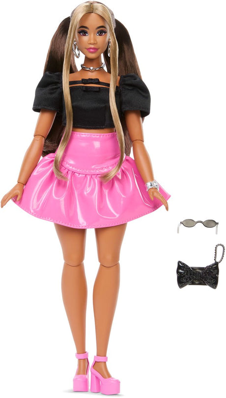 Poupée de style Barbie de luxe - avec jupe en vinyle rose - poupée de mode