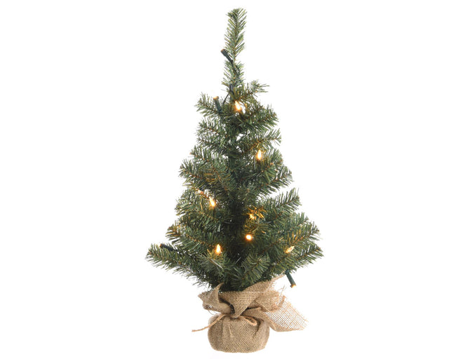 Mini sapin de Noël artificiel Everlands avec 50 LED dans un sac en jute de 90 cm de couleur blanc chaud. Fonctionne avec 3 piles AA avec minuterie intérieure