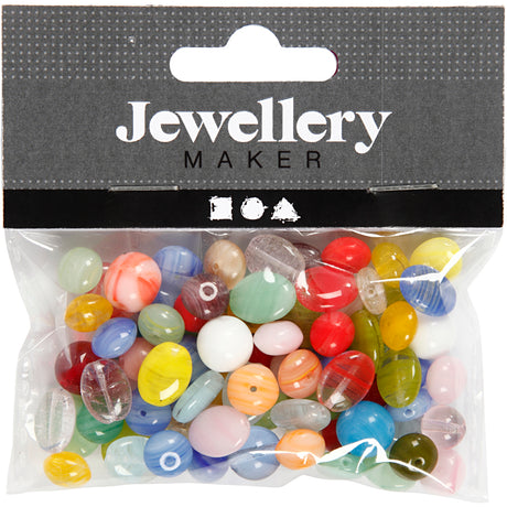 Perles en verre Creativ company, rondes, ovales, cercles, d 6-13 mm, diamètre du trou 0,5-1,5 mm, différentes couleurs, 60 gr 1 boîte
