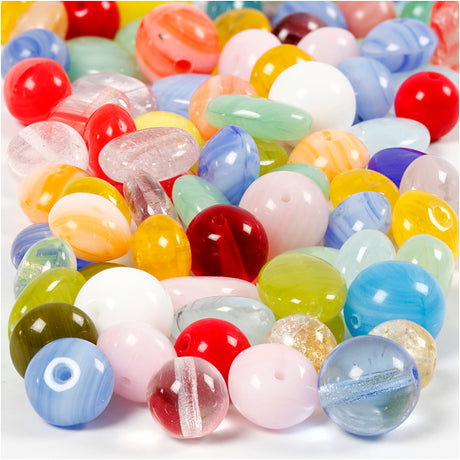 Perles en verre Creativ company, rondes, ovales, cercles, d 6-13 mm, diamètre du trou 0,5-1,5 mm, différentes couleurs, 60 gr 1 boîte