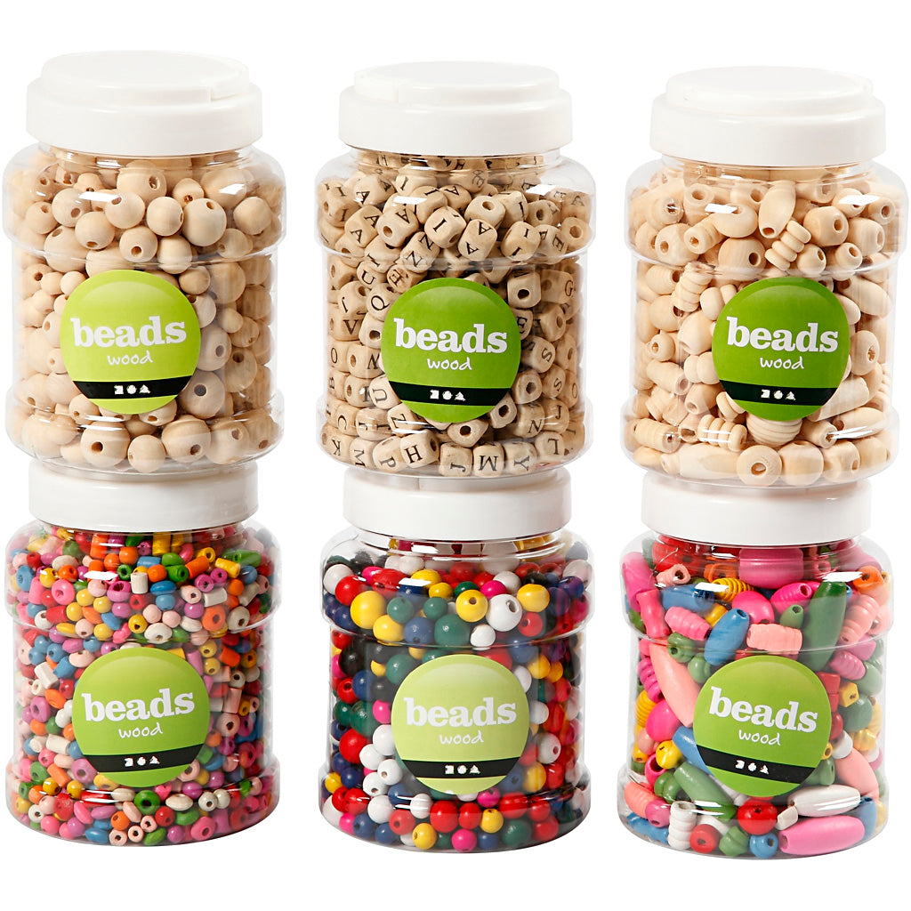 Creativ company perles en bois, d 5-25 mm, 6x200 g, 6x400 ml 1 boîte