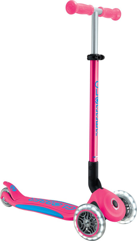 Trottinette 3 roues Globber - primo pliable plus lumières fuchsia - rose - roues lumineuses - pliable - réglable en hauteur - de 3 à 9 ans
