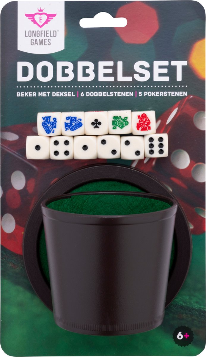 Tasse de poker Longfield avec couvercle - comprenant 2 jeux de dés (16 mm) - jeu de dés - jeu de dés classique jeu familial - coeur d'ange