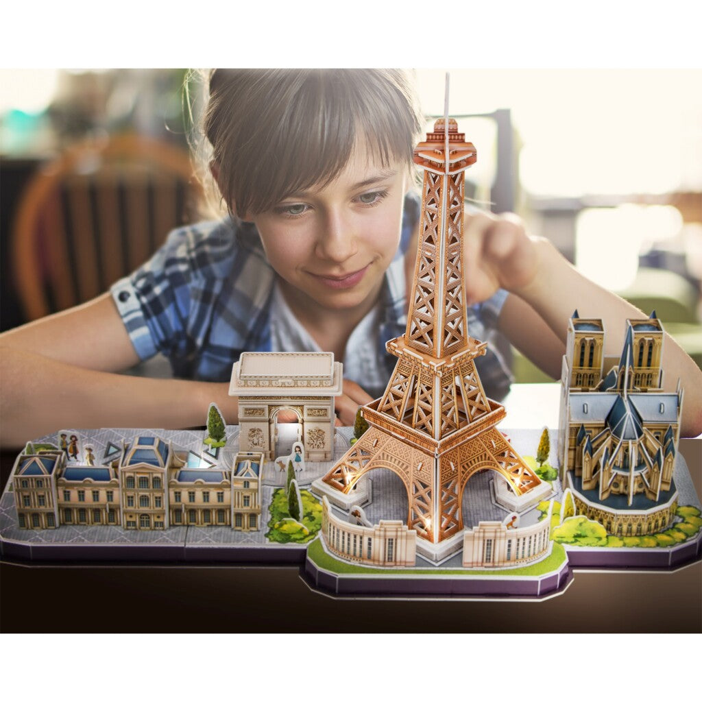 Puzzle 3D cubique amusant City Line Paris avec éclairage LED, 115 pièces.