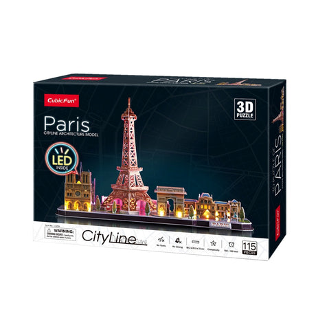 Puzzle 3D cubique amusant City Line Paris avec éclairage LED, 115 pièces.
