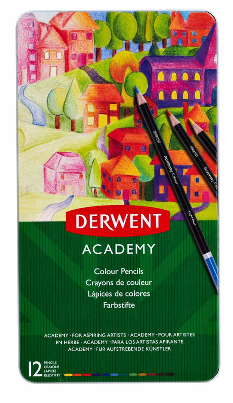 Crayons de couleur Derwent Academy dans une boîte métallique - couleurs assorties - lot de 12 crayons de couleur