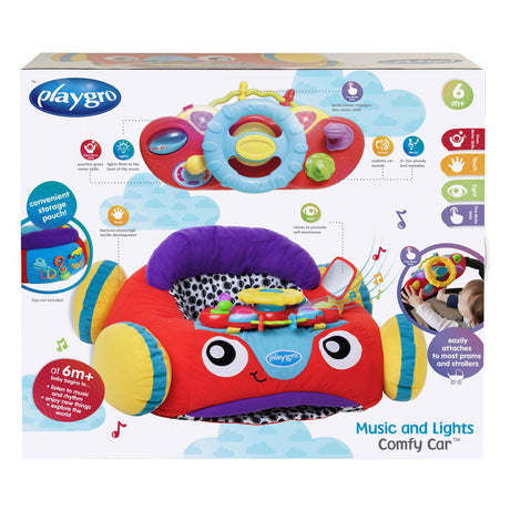 Playgro comfy car - babyzitje met activiteiten - pluchen zitkussen auto met stuur, licht en muziek - interactief babyspeelgoed - kraamcadeau babyshower cadeau - vanaf 6 maanden - 52 x 57 cm