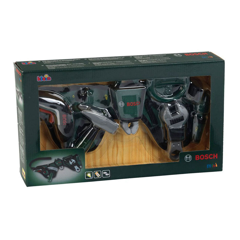 Klein Toys Bosch Mini Kit de ceinture à outils - Tournevis sans fil, marteau, pince, scie, clé, tournevis - incl. effets lumineux et sonores - vert rouge