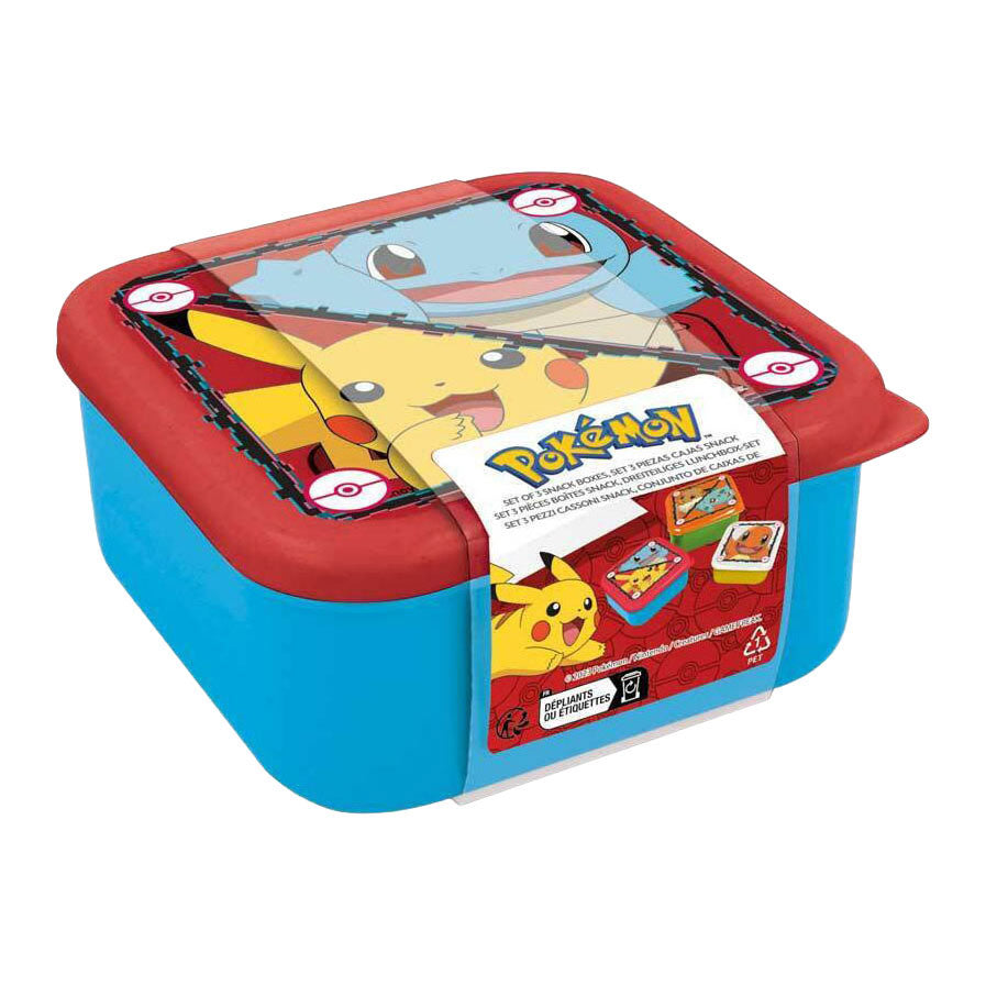 Stor Pokémon Boîtes à goûter 3 en 1 - 3 tailles - carrées - bien fermées - boîtes à lunch pour enfants - couvercle amovible - adaptées aux biscuits, fruits et collations - bleu jaune vert