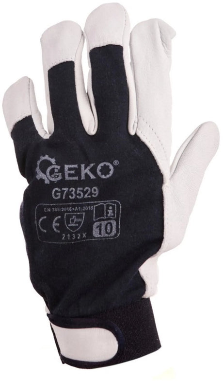 Gants de travail en cuir Geko - fermeture velcro - taille 10 - bleu et blanc - protection en388 - 12 pièces