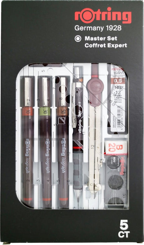 Ensemble de stylos isographes Rotring, ensemble principal de stylos techniques et de porte-mines | 3 feutres fins (0,1 mm, 0,3 mm, 0,5 mm), porte-mine (0,5 mm) et boussole, plus accessoires | 10 pièces
