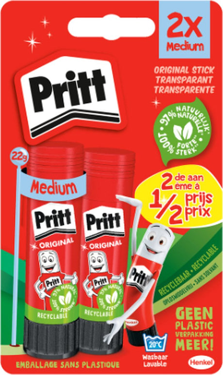 Bâton de colle Pritt original duopack � 2 x 22g � lavable sans solvant