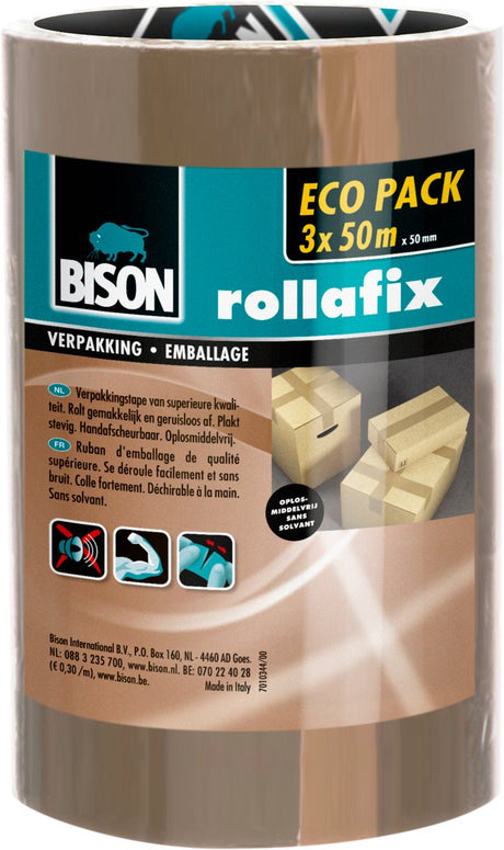 Bison 3 rouleaux de ruban d'emballage rollafix marron pack économique 50 mètres x 5 cm, déchirable à la main, ruban d'emballage solide
