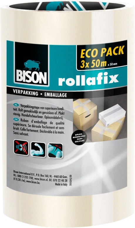 Bison 3 rouleaux de ruban d'emballage rollafix transparent pack économique 50 mètres x 5 cm, déchirable à la main, ruban d'emballage solide