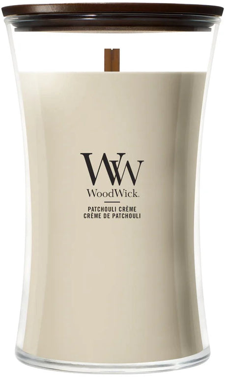 Grande bougie parfumée Woodwick hourglass - crème patchouli - 130 heures de combustion