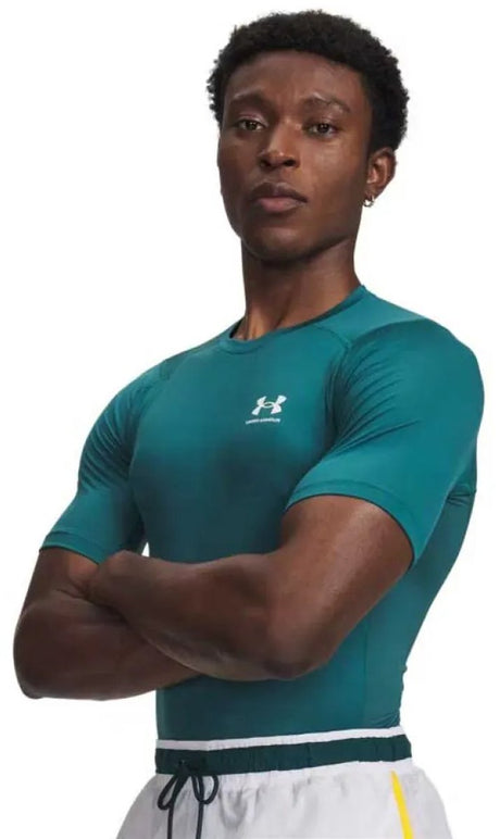 Under Armour UA HG Armour Comp SS-GRN Chemise de sport pour hommes - Rack Green - Blanc