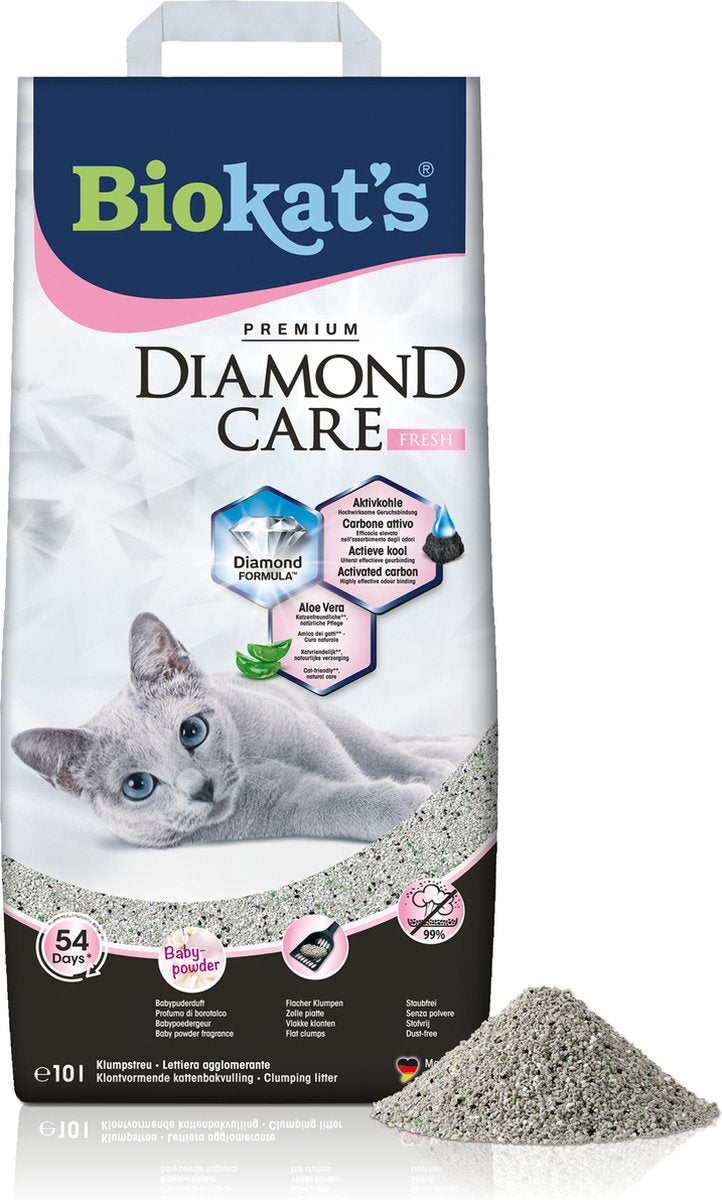 Biokat's Diamond Care Fresh - 10 l - litière pour chat - agglomérante - parfum poudre pour bébé - charbon actif