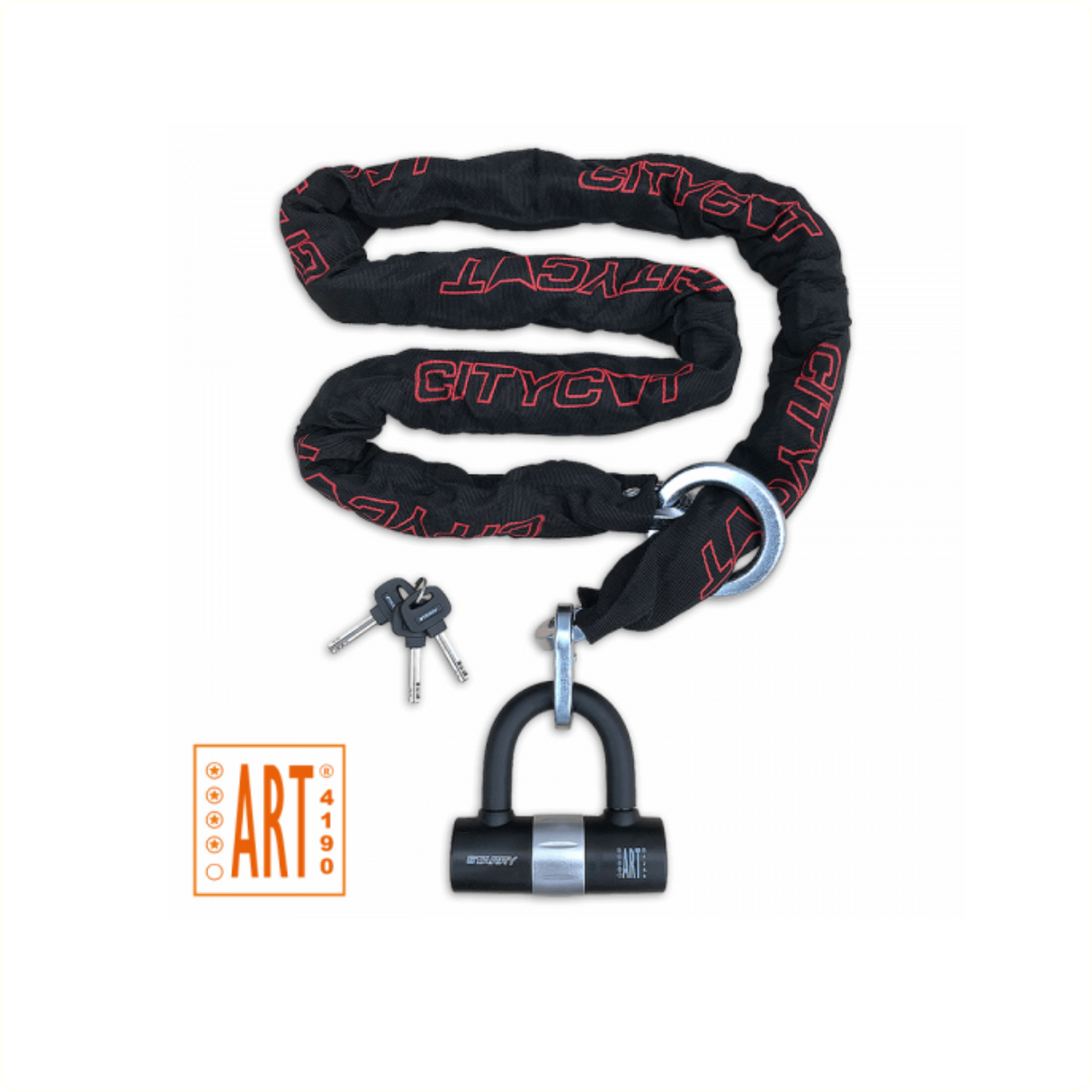 Chaîne antivol étoilée citycat art**** 180cm x10.5mm. avec barillet et mini antivol en U