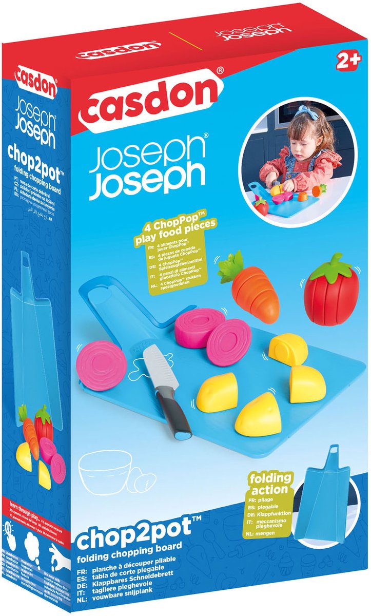 Ensemble de nourriture jouet Casdon chop2pot avec planche à découper pliante et couteau, 16 pièces.