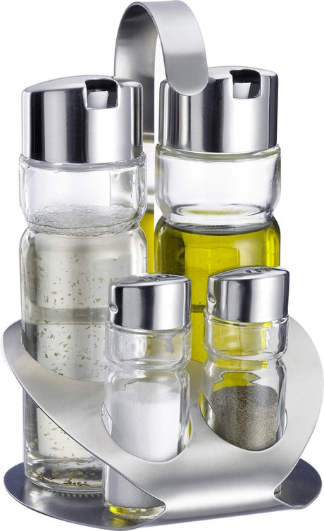 Westmark set sel et poivre set huile et vinaigre, 5 pièces, contenu : 2x 40 ml 2x 160 ml, verre en acier inoxydable, blanc, argent transparent, 65052260