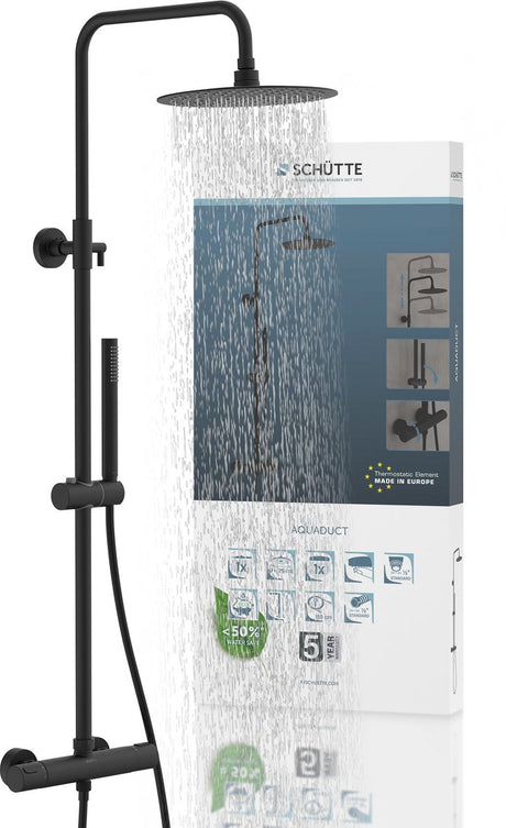 Système de douche aqueduc Schütte - douche à effet pluie - longueur de tige 80 - 120 cm - avec mitigeur thermostatique - noir mat