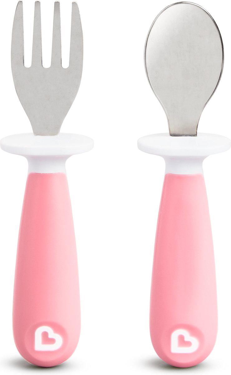 Munchkin kinderbestek vork en lepel voor peuters – raise - 2-delig - vanaf 12 maanden - roestvrijstalen bestekset - roze