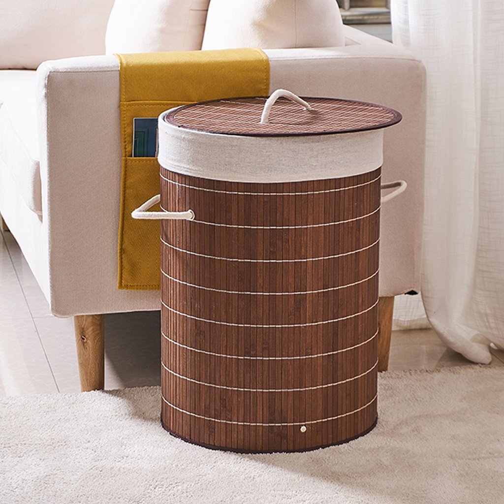 Homestyle pro panier à linge rond pliant en bambou 35x50 cm marron blanc