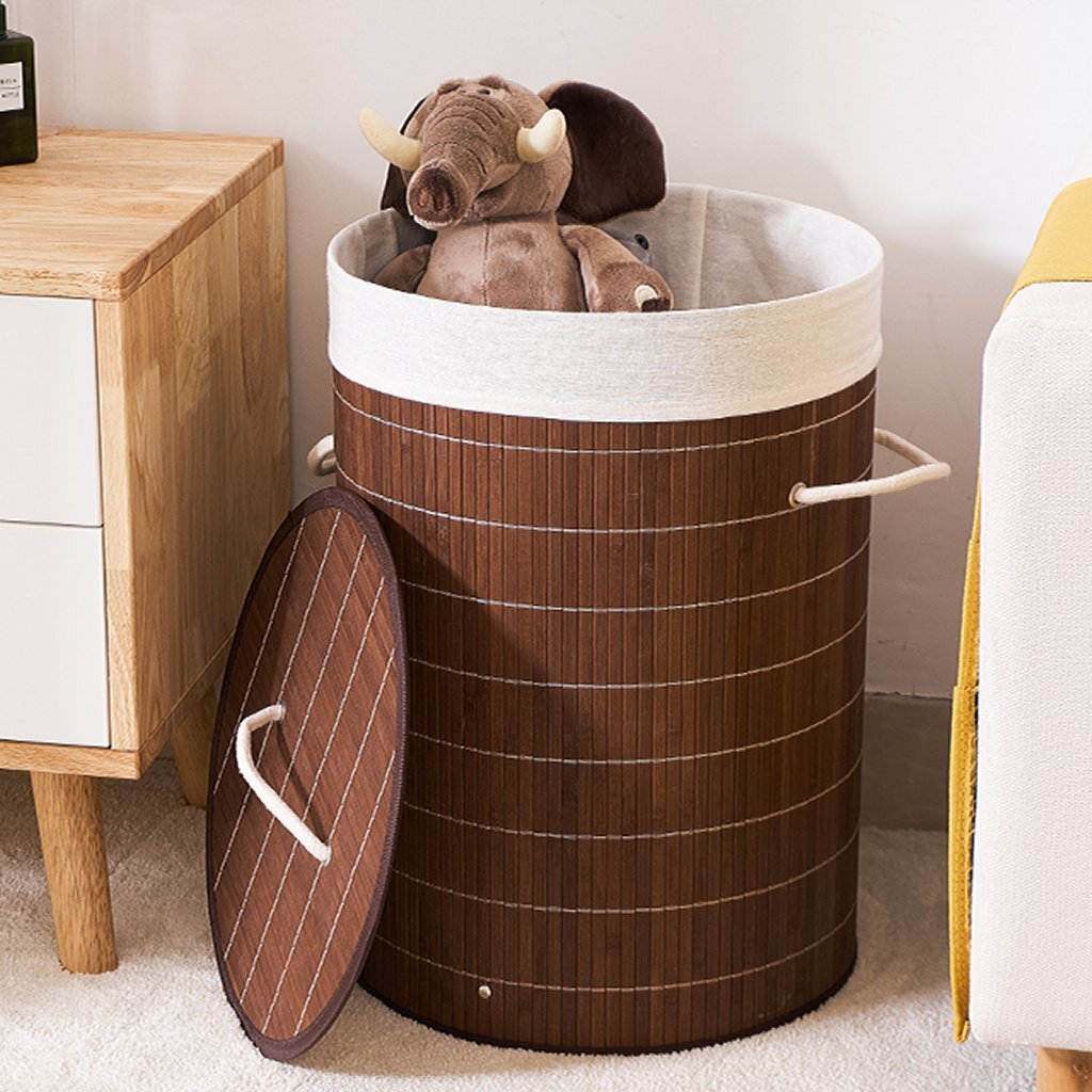 Homestyle pro panier à linge rond pliant en bambou 35x50 cm marron blanc