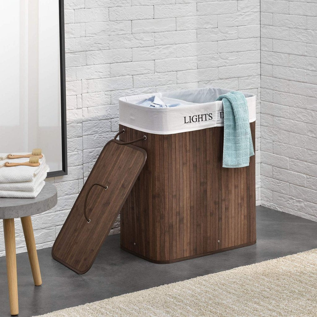 Homestyle pro panier à linge rectangulaire en bambou + texte 52x32x63 cm marron blanc