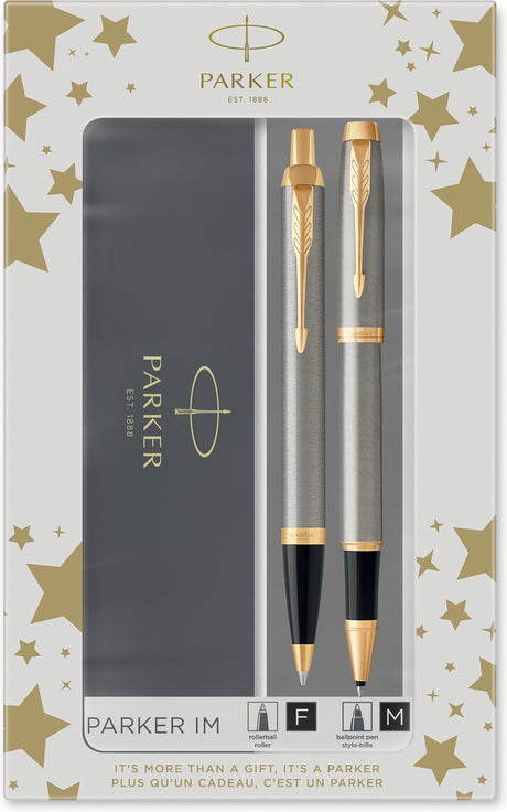 Coffret cadeau Parker im duo avec stylo à bille et roller | métal brossé avec bord doré | recharge et cartouche d'encre noire | emballage cadeau