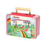 Puzzle de figurines en bois licorne dans un étui de rangement