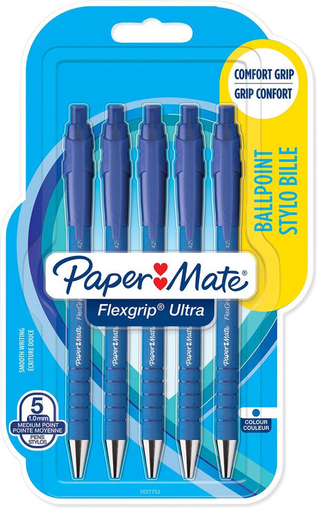 Stylos à bille Paper Mate Flexgrip Ultra avec bouton poussoir | pointe moyenne (1,0 mm) | encre bleue | 5 pièces
