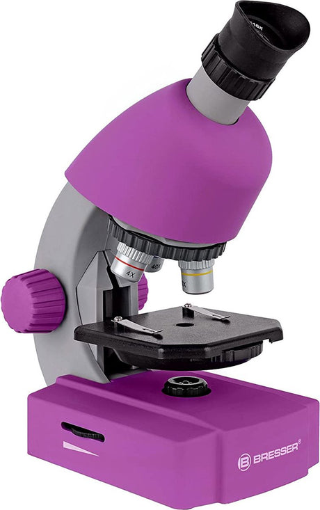 Microscope junior Bresser – 40x640x – violet – incl. paquet d'accessoires – pour échantillons transparents