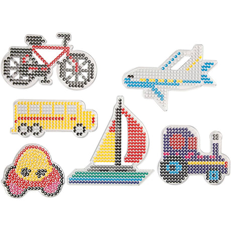 Plaque de base Creativ company, voiture, avion, bateau, tracteur, bus et vélo, dimensions 9x9,5 + 11x16 cm, moyen, 6 pièces 1 carton