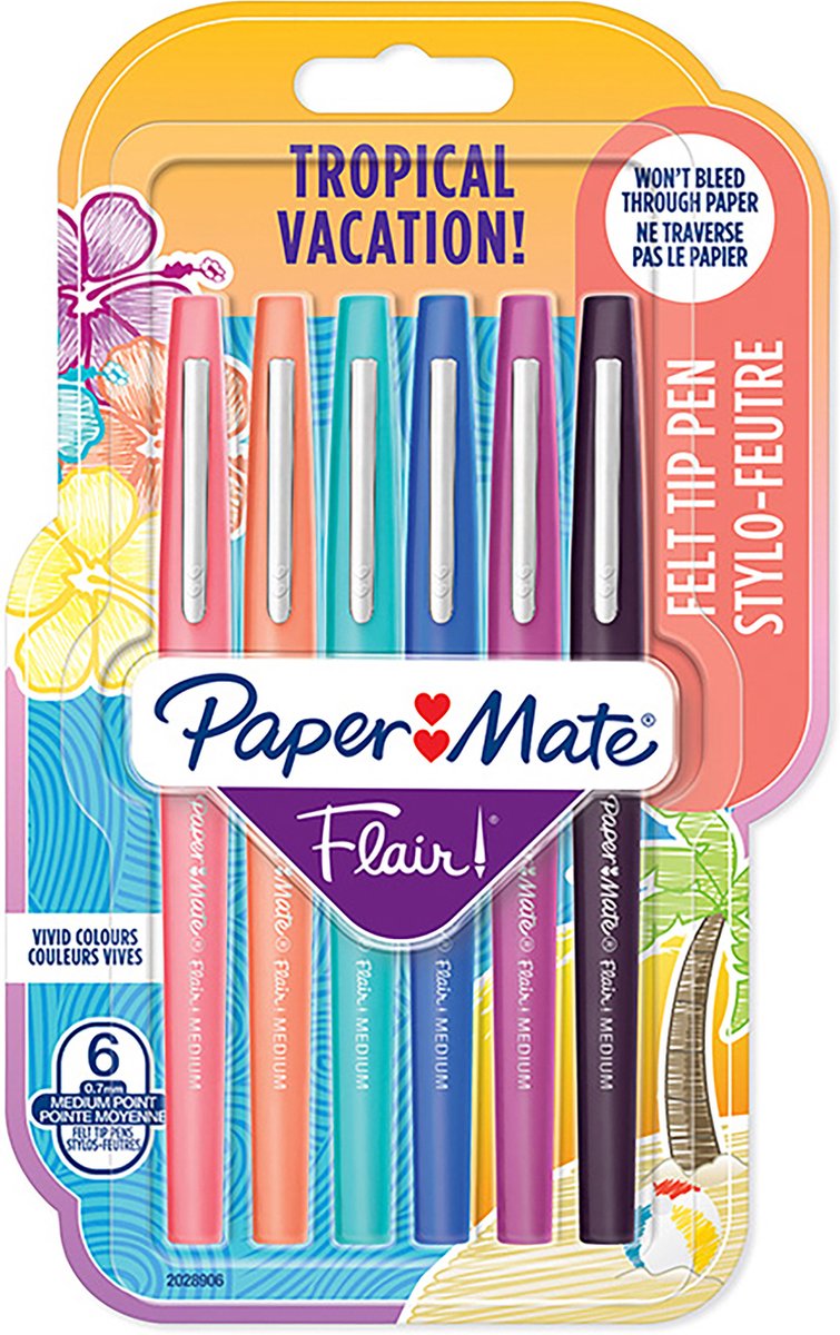 Feutres Paper Mate Flair | pointe moyenne (0,7 mm) | diverses couleurs de vacances tropicales | 6 pièces