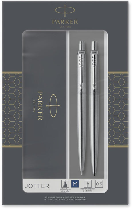 Coffret cadeau Parker Jotter Duo stylo à bille et porte-mine (0,5 mm) - encre bleue - acier inoxydable finition chromée