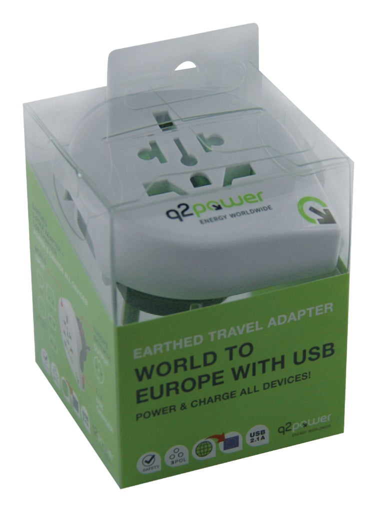 Adaptateur de voyage Q2 power 1.100110, monde vers Europe, USB mis à la terre