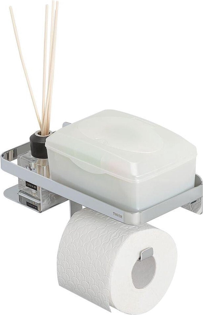 Tiger caddy - porte-rouleau papier toilette avec étagère 24 cm - chrome