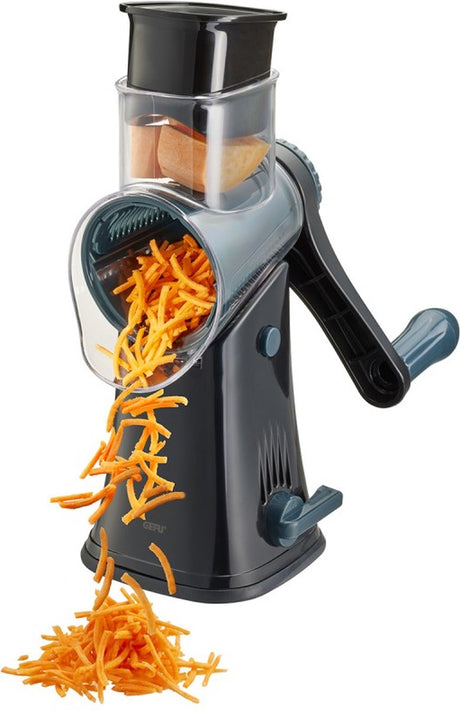 Râpe à tambour clic Gefu – 5 tambours interchangeables – Râpe à légumes, fromage et noix – Ventouse antidérapante