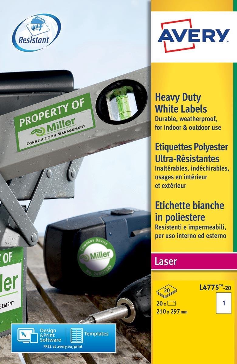 Avery house brand l4775-20 étiquettes résistantes aux intempéries 210x297mm blanc