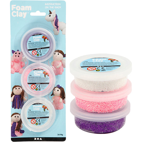 Foam Clay ®, pailletée, métallisée, rose, violet, blanc, 3x14 gr 1 boîte