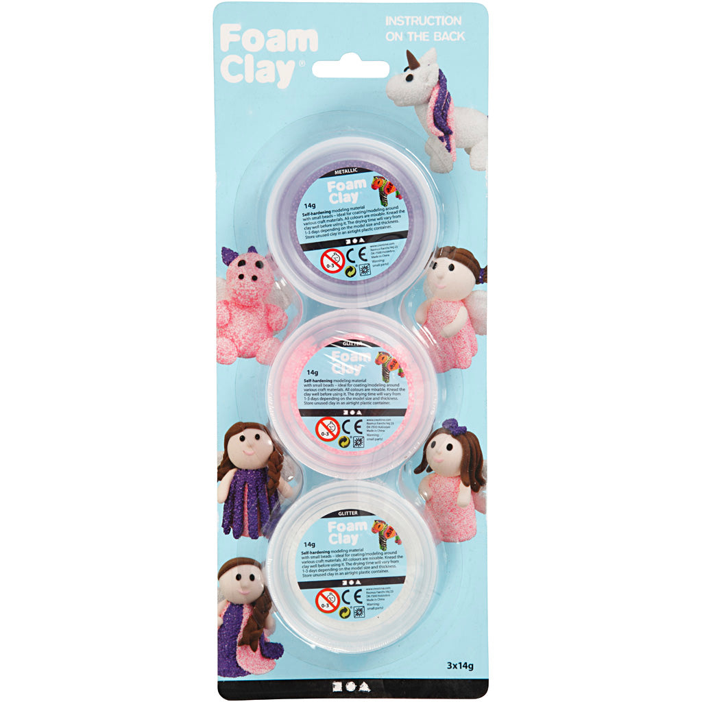 Foam Clay ®, pailletée, métallisée, rose, violet, blanc, 3x14 gr 1 boîte